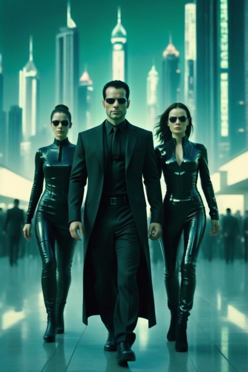 Artificial Intelligence (AI) generated image art, man is neo in the movie the matrix and he’s in the matrix dressed in a futuristic but still works in modern time alter ego outfit. And he’s with two other beautiful women on his team and another man. And they’re walking like they own the city or are gods