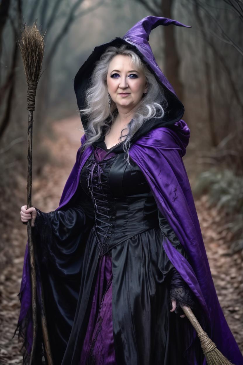 Artificial Intelligence (AI) generated image art, "a highly detailed (luis royo fantasy dark female portrait) of woman very beautiful and striking witch, long flowing silver hair, long flowing hooded purple witch robe, holding a witch broom, on a dark trail, serious, mad expression, 4k, realistic, looking straight into camera, dark, moody"