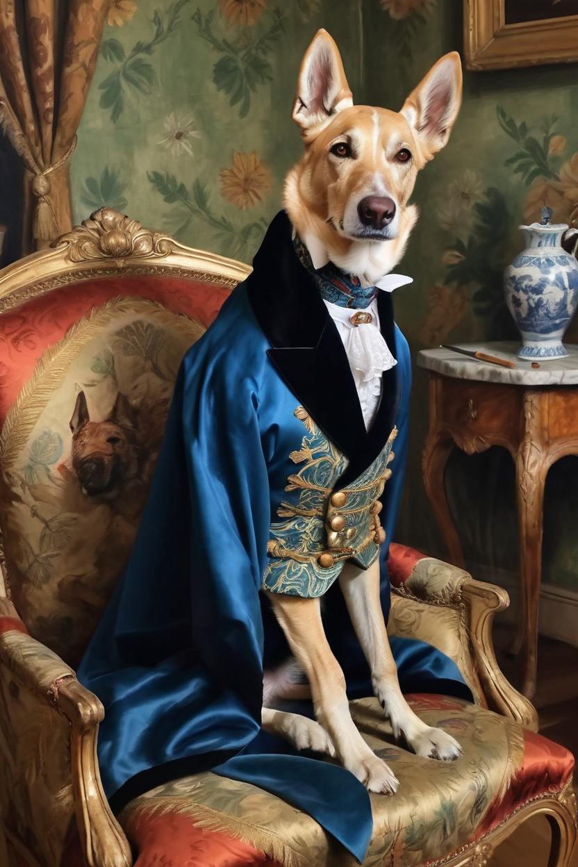 Artificial Intelligence (AI) generated image art, dog, as an English Duke, nobility, drawing room background, smoking jacket