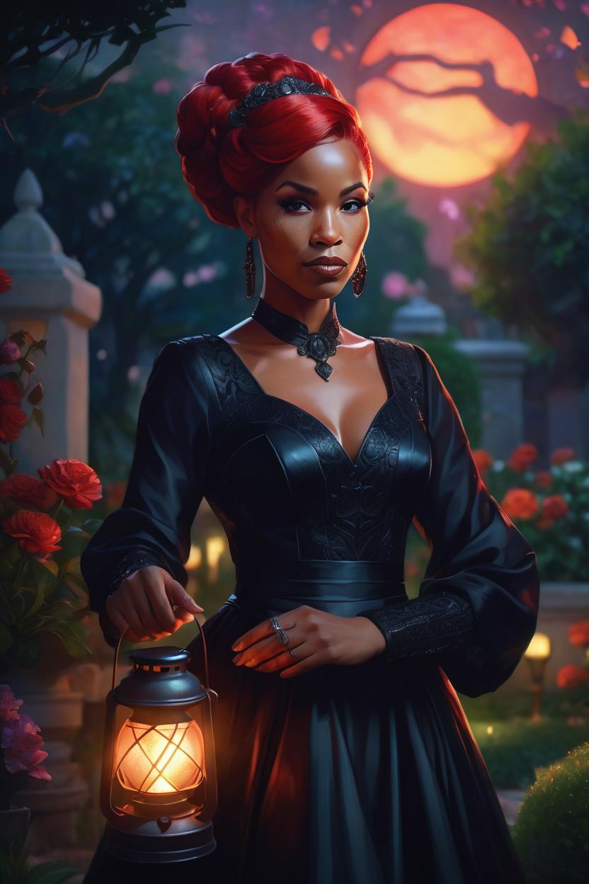 Artificial Intelligence (AI) generated image art, woman, ((portrait)), beautiful red hair, dressed in a black gown, highly detailed illustration, in a garden holding a lantern at midnight, deep focus, d & d, fantasy, intricate, elegant, highly detailed, digital painting, artstation, concept art, sunset, matte, sharp focus, illustration, hearthstone, art by artgerm and greg rutkowski and alphonse mucha and marco mazzoni