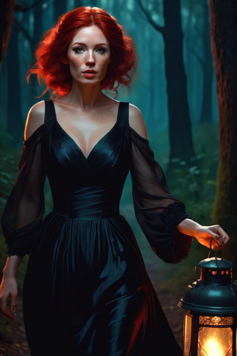 Artificial Intelligence (AI) generated image art, woman, ((portrait)), beautiful red hair, dressed in a black gown, highly detailed illustration, walking through a dark forest holding a lantern at midnight, deep focus, d & d, fantasy, intricate, elegant, highly detailed, digital painting, artstation, concept art, sunset, matte, sharp focus, pouty lips, ultrarealistic, shot in the style of Wes Anderson, Mysterious and seductive atmosphere