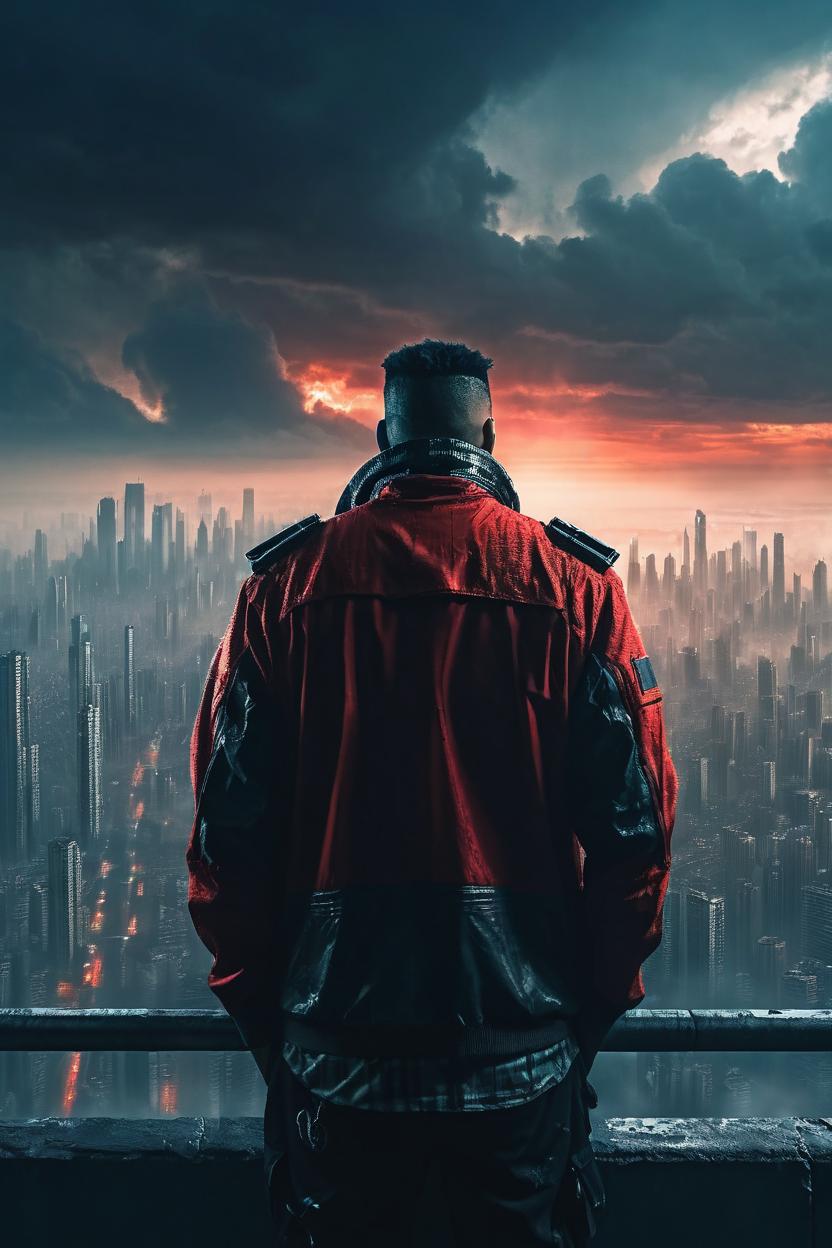 Artificial Intelligence (AI) generated image art, man,looking at a ((cyberpunk megacity built on a cloud)) in the distance, epic, cinematic lighting, portrait, scifi detective colthes, cinematic lighting, red sun