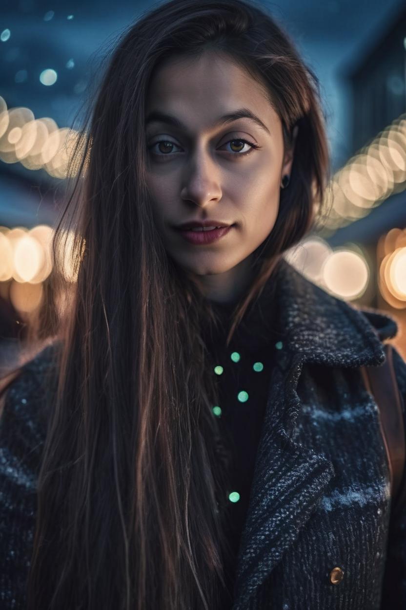 Artificial Intelligence (AI) generated image art, woman, stylish outfit, ((dark lighting)), (bokeh background), photorealistic, cinematic, 4k, highly detailed, sharp focus, in Iceland, long hair