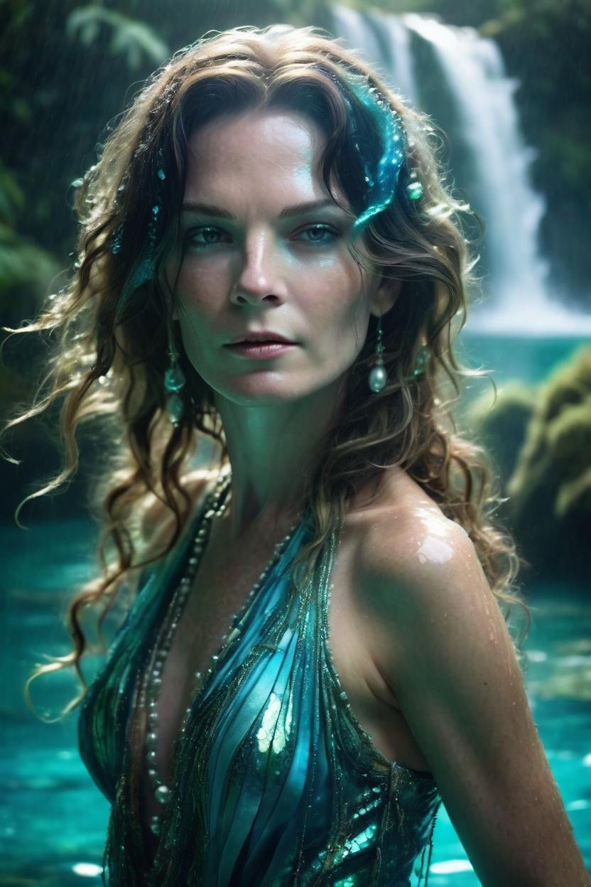 Artificial Intelligence (AI) generated image art, woman, Create a stunning image of a water goddess emerging gracefully from a sparkling turquoise lagoon. She has flowing, wet hair adorned with pearls and seaweed, her skin glowing with a radiant, ethereal shimmer. Her eyes are deep and mesmerizing, reflecting the colours of the ocean. She wears a gown made of flowing water and iridescent scales, blending seamlessly with her surroundings. The background features cascading waterfalls, lush greenery, and mist rising from the water, creating a mystical and divine atmosphere. Light reflects softly, enhancing her celestial beauty and serene power.