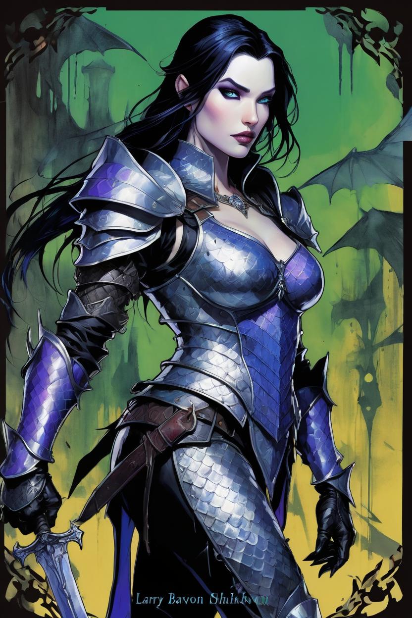 Artificial Intelligence (AI) generated image art, woman, art by yoji shinkawa, as a female elven warrior with purple colored skin, raven black hair with a blue hue, green eyes, dragonlance cover art, evil circus background, art by Larry Elmore, show full body, delicate frame, show torso, colored pencil drawing, ink, manga, concept art, highly detailed, wearing chainmail armor