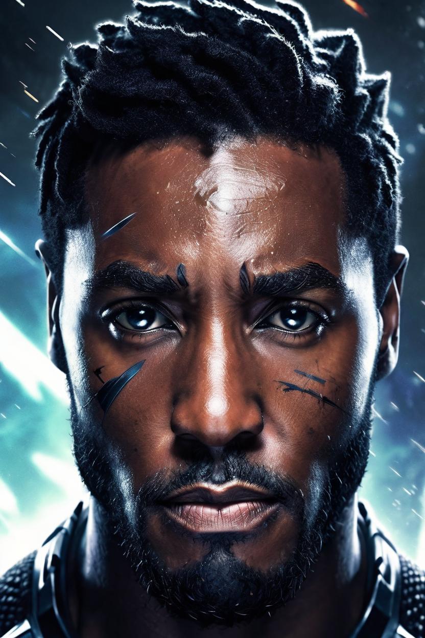 Artificial Intelligence (AI) generated image art, man as Black Panther , Marvel, fighting in galactical wars, movie poster, handsome face, artistic illustration, majestic figure, sci-fi movies, anime style, T'challa, confident facial expression