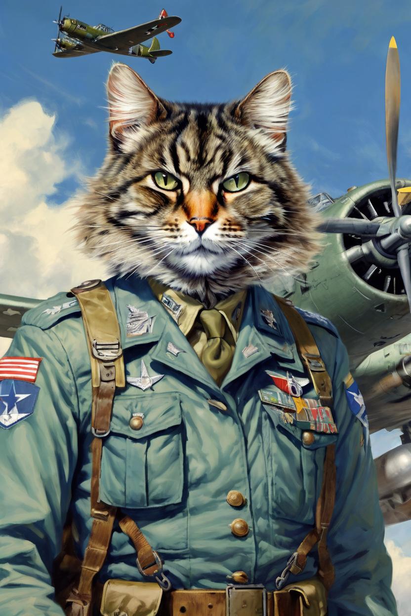 Artificial Intelligence (AI) generated image art, cat, (portrait), ((((torso)))), 1940s WAC, airforce pilot, adventure, pulp novel, WWII propaganda, art by Greg Rutkowsi, highly detailed, sharp focus, 4k, b-17 flying fortress background