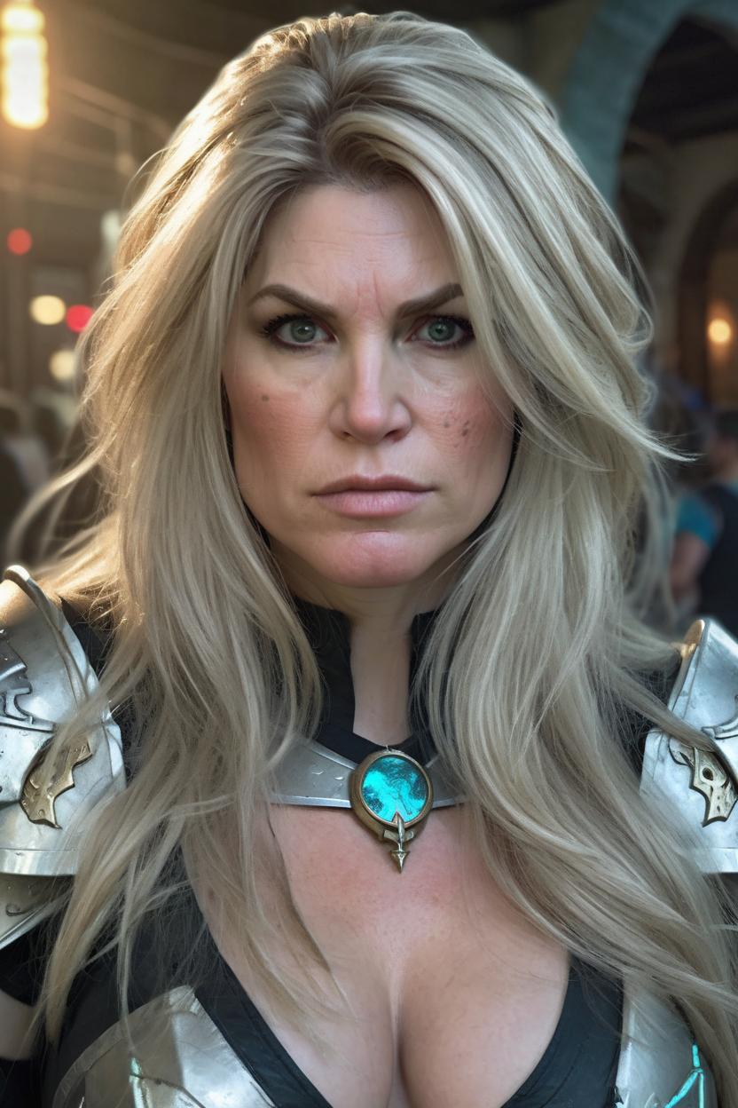 Artificial Intelligence (AI) generated image art, woman,very alluring  do not alter face  ((portrait)), as white female warrior with long dark blonde highlights in hair and a large bust, 3/4 body showing , bell bottom showing 4k, sci-fi, photorealistic, highly detailed, sharp focus, full body, dnd, art by greg rutkowski