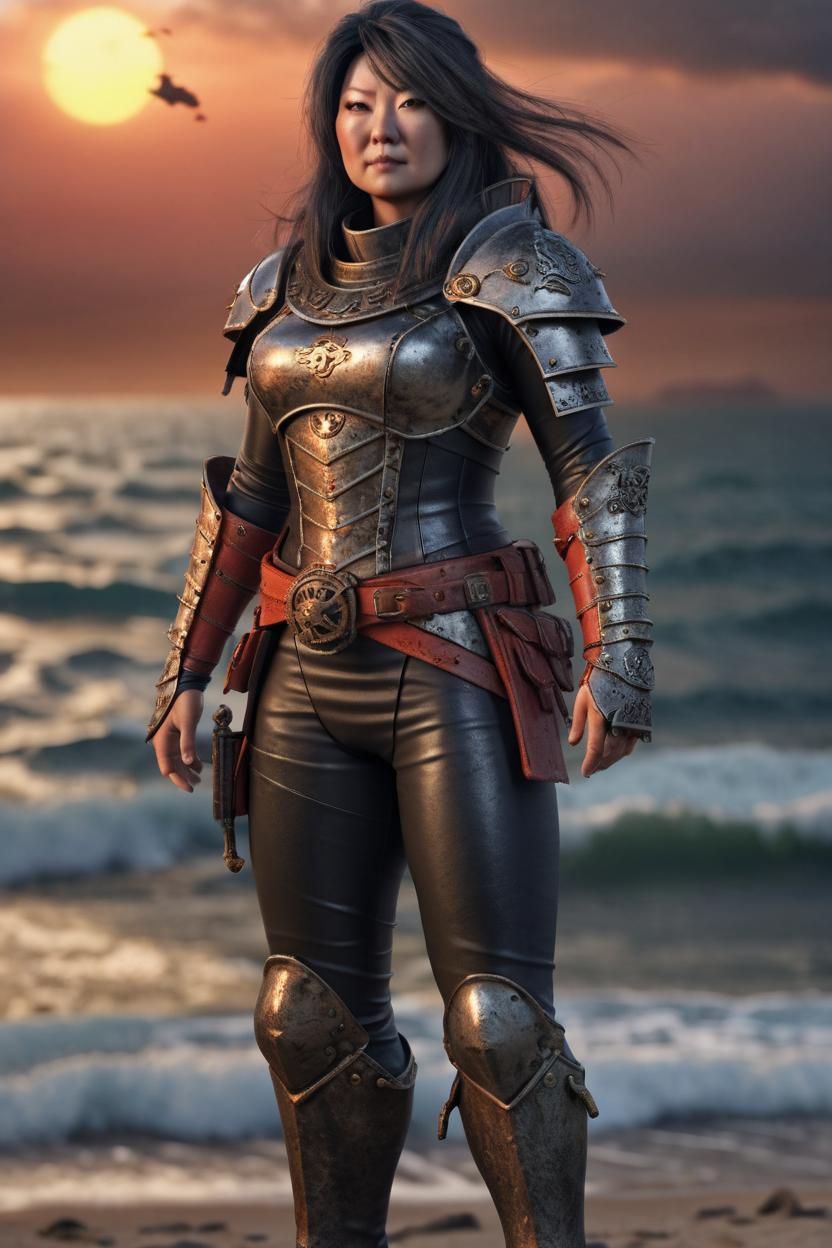 Artificial Intelligence (AI) generated image art, woman, as DARKTIDE ZEALOT ((fullbody representation)), (small empty area above head), by Anna Steinbauer, warhammer, photorealistic, trending on artstation, highly detailed, fine detail, intricate, sunset