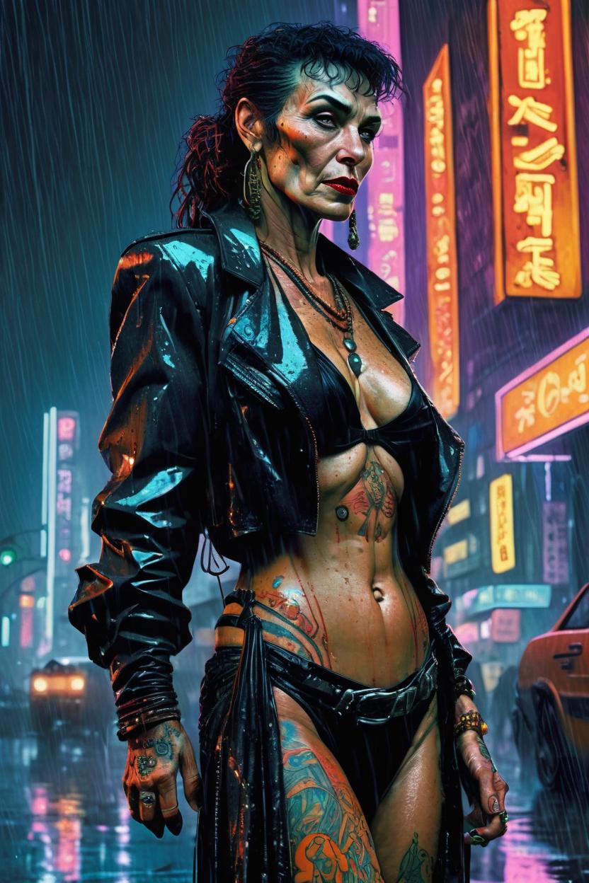 Artificial Intelligence (AI) generated image art, An edgy, modernist fullbody view of woman, a cyberpunk rebel in the rain-soaked streets of a neon-lit metropolis, evocative of Blade Runner, with nods to the graphic styles of Frank Miller and Jean Giraud (Moebius), rendered in hyperrealistic detail with a noir palette, high-tech tattoos glow against a backdrop of futuristic skyscrapers, rebellious spirit