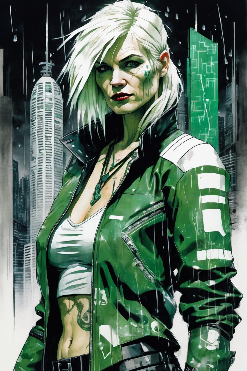 Artificial Intelligence (AI) generated image art, An edgy, modernist full body view of blonde-haired woman, ((leave small empty area upon top of the head)), a cyberpunk rebel dressed in green and white in the strange-looking dark and rainy streets of a futuristic-grotesque metropolis with hints of Blade Runner, in the graphic style of Yoji Shinkawa, accurate and detailed coloured line-drawing with watercolour, high-tech tattoos glowing against a backdrop of futuristic skyscrapers, rebellious spirit