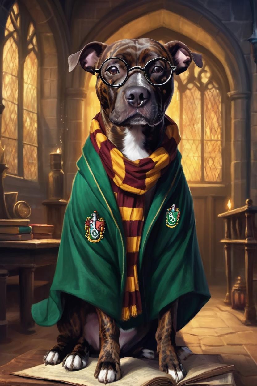Artificial Intelligence (AI) generated image art, A painting of dog styled as a Harry Potter character, with the artistic flair of a Renaissance portrait. The dog should wear round glasses similar to Harry Potter's and a Hogwarts robe with a scarf in the colours of Slytherin. Include a wand held in a paw or tucked into the robe, and add a lightning bolt scar on the forehead for a playful homage to Harry himself. The background should suggest a magical setting, such as a candlelit Hogwarts corridor, the Great Hall, or a potion-filled classroom. Use rich lighting, intricate details, and fine brushwork to create a sophisticated, Renaissance-style magical portrait.