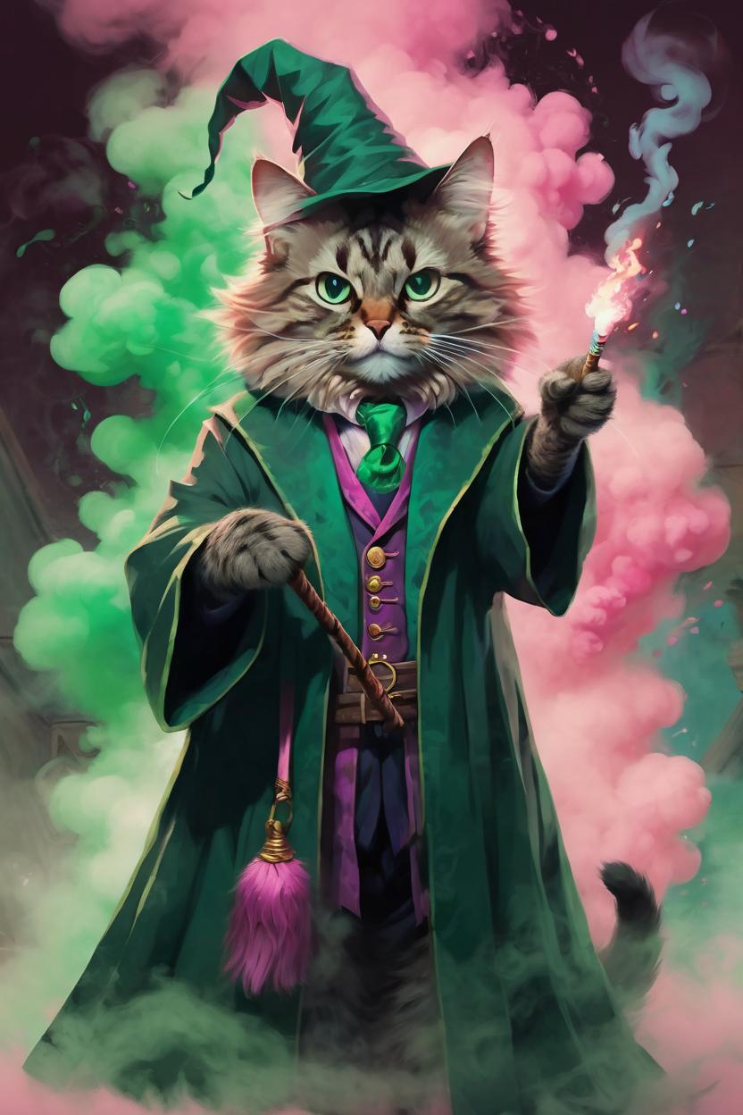 Artificial Intelligence (AI) generated image art, cat as a wizard, fantasy art, Harry Potter, medium shot, pink and green smoke in background asymmetrical, intricate, elegant, illustration, by rhads, by greg rutkowski, by greg tocchini, by james gilleard, by joe fenton