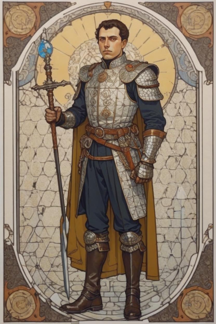 Artificial Intelligence (AI) generated image art, (*man*), portrait, artwork by Ivan Bilibin, Art Nouveau, tarot, steampunk, warrior, armored, with dark brown hair, light brown eyes, full body