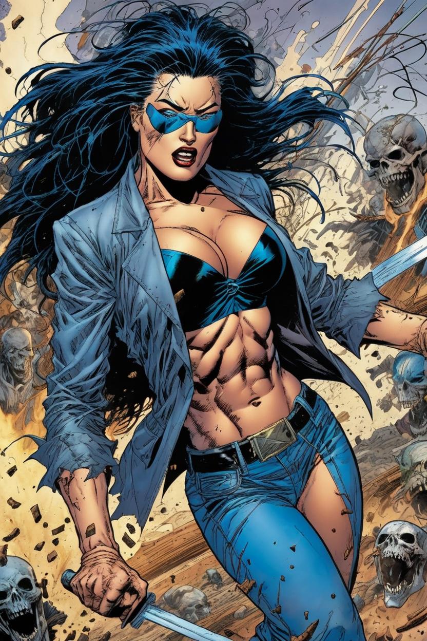 Artificial Intelligence (AI) generated image art, woman, as Deathblow, Wildstorm, by Jim Lee and Brandon Choi, punching the ground, Darker Image #1 March 1993