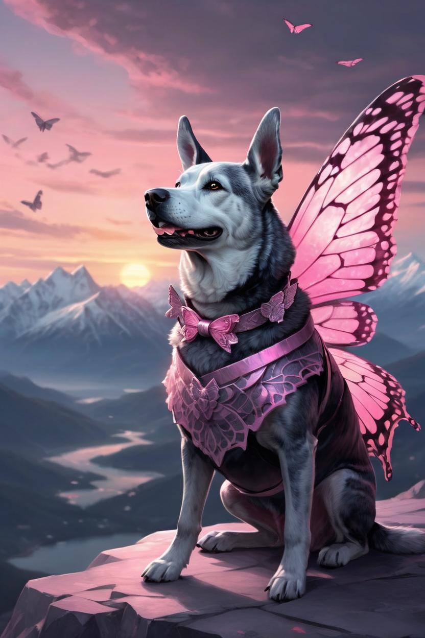 Artificial Intelligence (AI) generated image art, dog, (pink butterfly wings), (pink and grey sunset), icy mountains in background, by charlie bowater and zeen chin and terada katsuya, epic scene, epic light, fractals background, intricate detailed, fine details, artstation, masterpiece