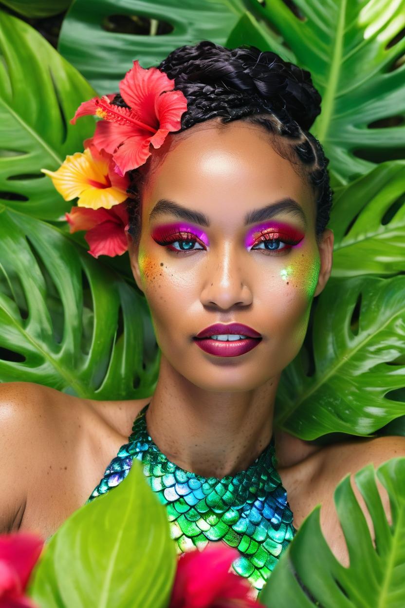 Artificial Intelligence (AI) generated image art, woman, Fashion editorial for Vogue, featuring a shooting of natural dewy iridescent prism glow makeup on a beautiful mermaid lying face up on a Hawaiian island, surrounded by green monstera plants and colorful hibiscus. The mermaid has a soft colored tail and the images are in high definition, high quality, 8K resolution, captured with an 85mm lens for ultra sharpness.