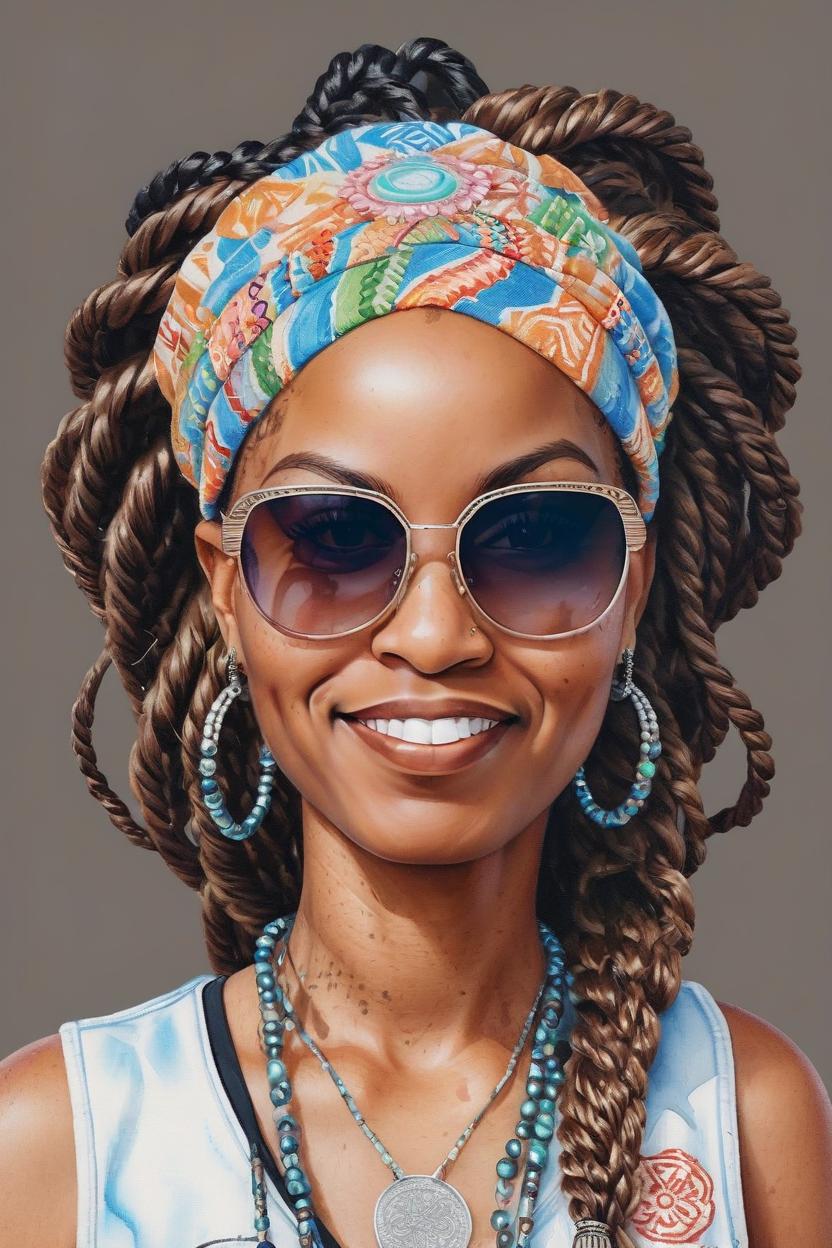 Artificial Intelligence (AI) generated image art, woman, Full body, long shot, CDigital airbrush artwork depicting a fit African American woman with chibi proportions and large almond eyes. Her hairstyle features Havana Twists arranged into a crown braid. She wears a sleeveless Boho jumpsuit with a lively mandala print, which highlights her toned and shapely figure. Her feet are adorned with delicate anklets. Accessories include fashionable oversized sunglasses, a mix of ethnic and beaded bracelets, and a crossbody embroidered bag. She stands in a relaxed pose with one hand adjusting her sunglasses, projecting a cool and self-assured vibe. The artwork employs a watercolor-inspired airbrush technique to create tactile textures and dynamic motion against a white background, ensuring the figure's fit physique is prominently displayed.