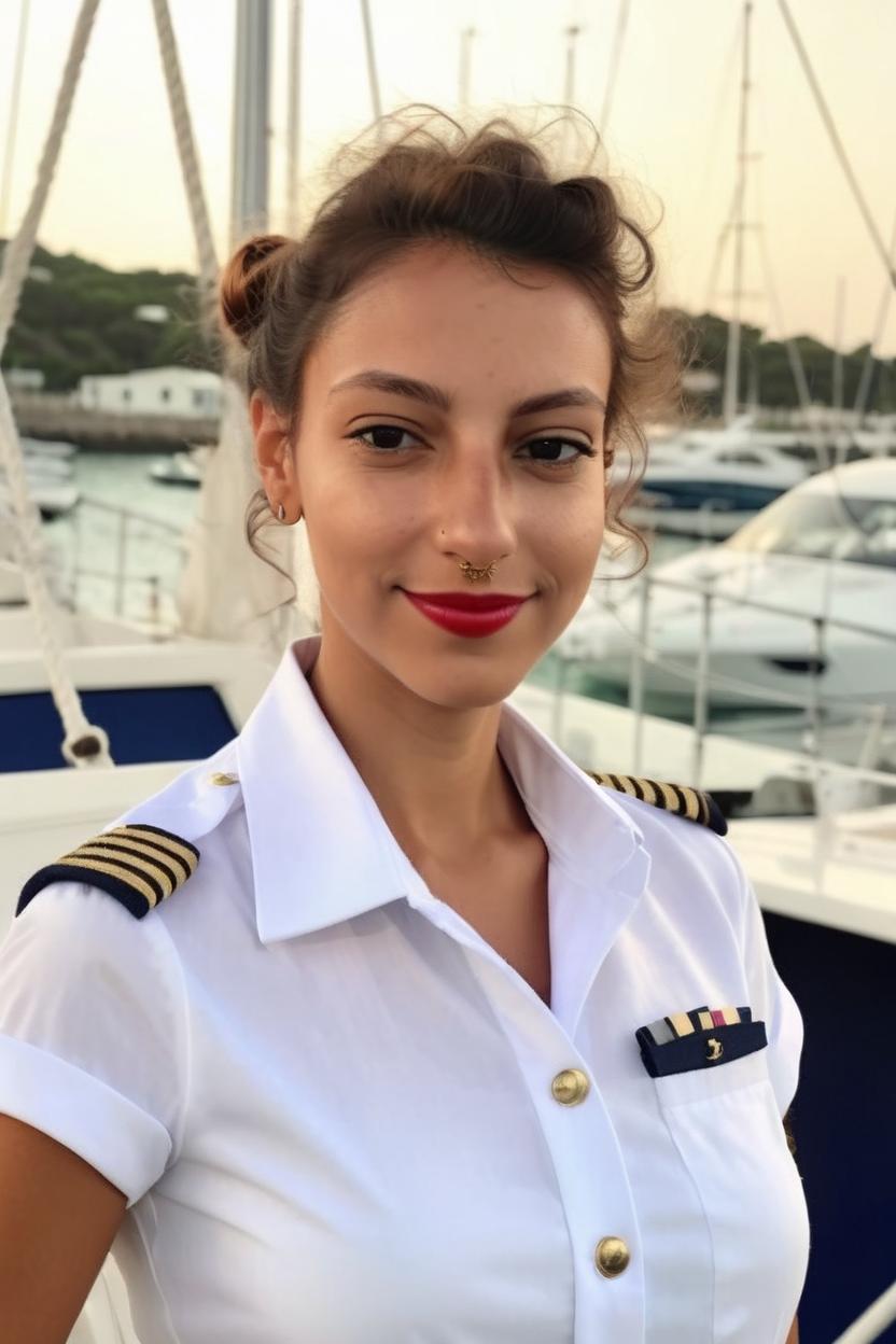 Artificial Intelligence (AI) generated image art, generate a realistic and simple cv photo of woman not smiling and hair tied, wearing a white social shirt/white yacht stewardess uniform with a marina background