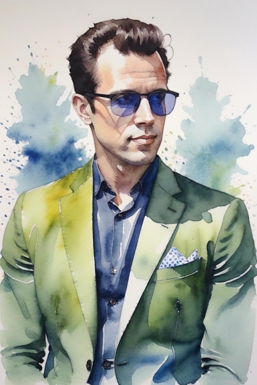 Artificial Intelligence (AI) generated image art, man, watercolor, fashion illustration, style of Matt Richards, (Matt Richards)