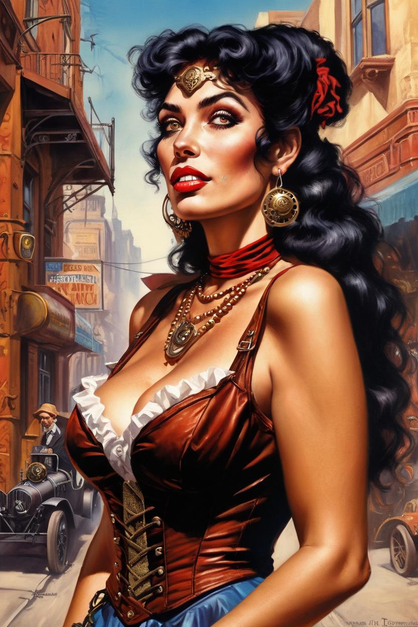 Artificial Intelligence (AI) generated image art, (classic fantasy pulp book cover art), (woman) looking in steampunk industrialized street, art by Boris Vallejo, 80s fantasy art, portrait, city street.