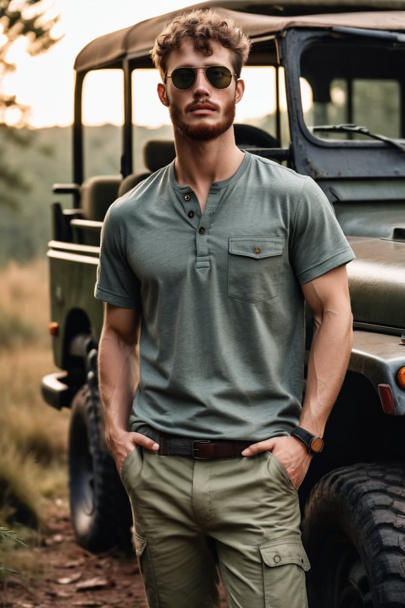 Stylish AI-generated man in sunglasses, wearing a green Henley shirt and cargo pants, standing by an off-road Jeep.