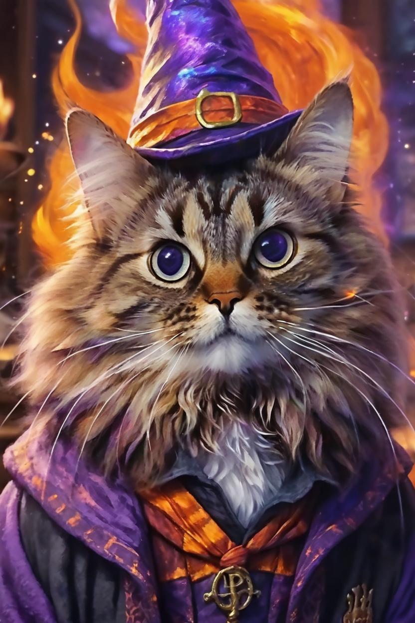 Artificial Intelligence (AI) generated image art, cat, (portrait), fantasy wizard, harry potter (((purple and orange fire in background))), magic everywhere, phoniex, art by Greg Rutkowsi, highly detailed, sharp focus, 4k harry potter style wizard rainbow