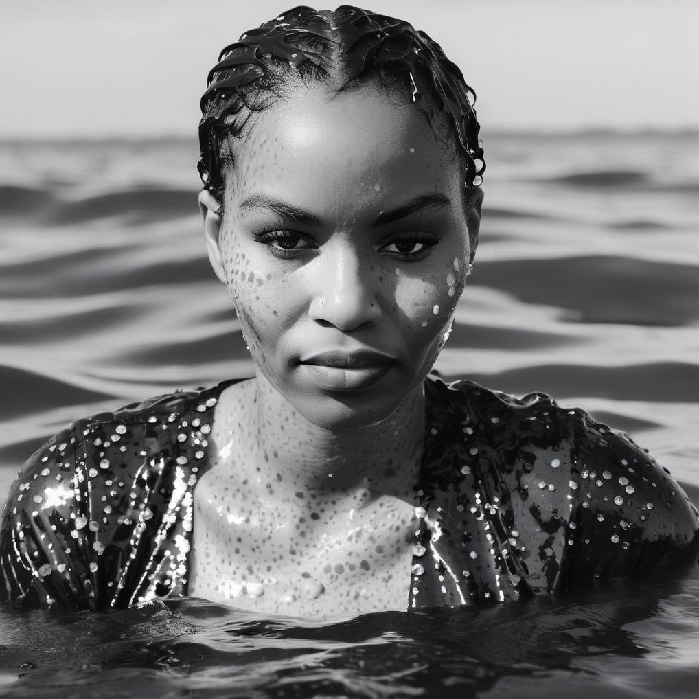 Artificial Intelligence (AI) generated image art, woman, a black and white photo of a woman in the water, mert and marcus, drops, kristine froseth, carola rubio, sequin top, frameless, freya, droplets, full shot photograph, wet amphibious skin, covered