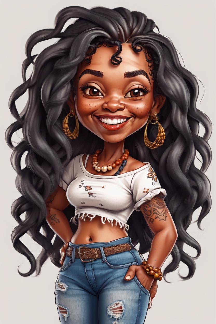 Artificial Intelligence (AI) generated image art, woman, An Airbrush Cartoon Chibi illustration of an African American woman  (((small empty area above top of the head))), standing and looking over her shoulder playfully, 8x11 aspect ratio. She's dressed in ripped skinny jeans and a stylish crop top. Her hair is styled in Senegalese twists. Bright white background. (Drawn with) Airbrush techniques, fine detailing, chibi proportions.