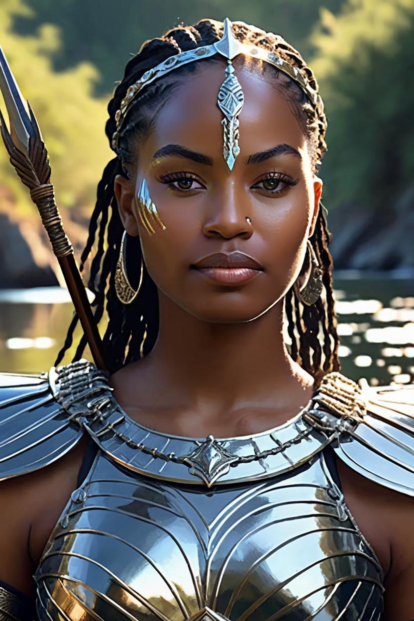 Artificial Intelligence (AI) generated image art, woman, Digital painting of a black princess face forward, clad in a reflective iron breastplate, iron and wood spear in hand, her form outlined against the gentle flow of a river, her presence accentuated by the water's movement, exuding beauty, strength, and majesty against a light backdrop, enhanced by dramatic lighting, highly detailed, ultra realistic.