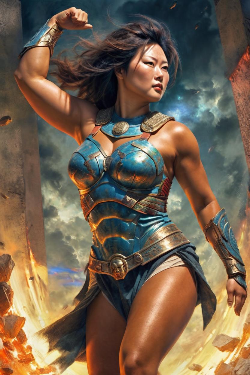 Artificial Intelligence (AI) generated image art, woman, handsome fullbody representation of a spartan woman ((small empty area above head)), powerful and myghty static gesture, radiant light, caustics, war hero, psychedelic dmt, by gaston bussiere, bayard wu, greg rutkowski, giger, maxim verehin