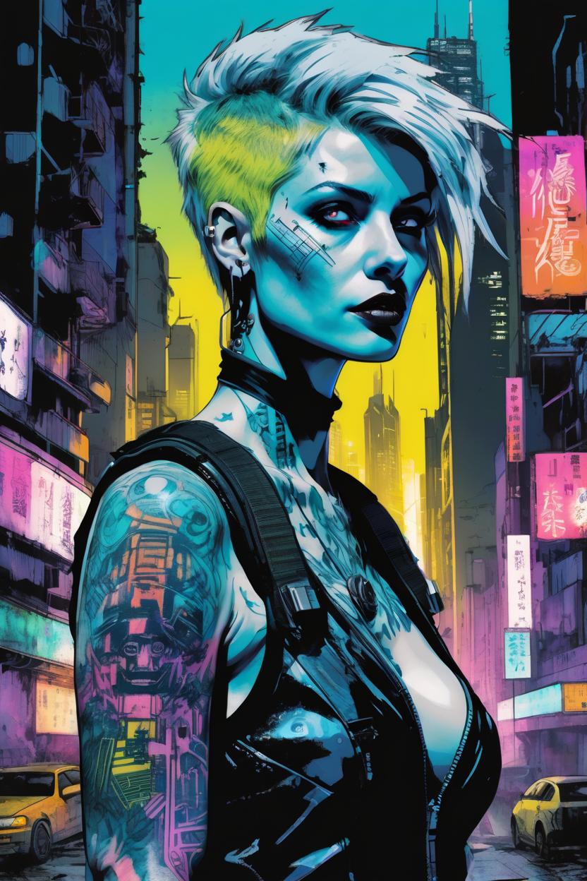 Artificial Intelligence (AI) generated image art, An edgy, modernist portrait of woman, a cyberpunk rebel in the strange-looking dusty streets of a neon-lit futuristic-grotesque metropolis with hints of Blade Runner, in the graphic style of Yoji Shinkawa, accurate and detailed coloured drawing with watercolour, high-tech tattoos glowing against a backdrop of futuristic skyscrapers, rebellious spirit