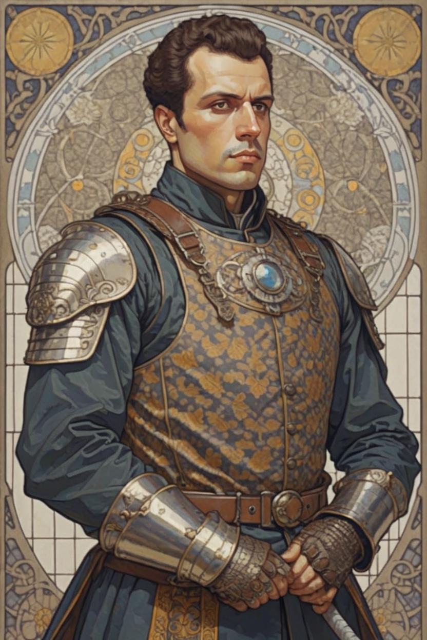 Artificial Intelligence (AI) generated image art, (*man*), portrait, artwork by Ivan Bilibin, Art Nouveau, tarot, steampunk, warrior, armored, with dark brown hair, light brown eyes, full body