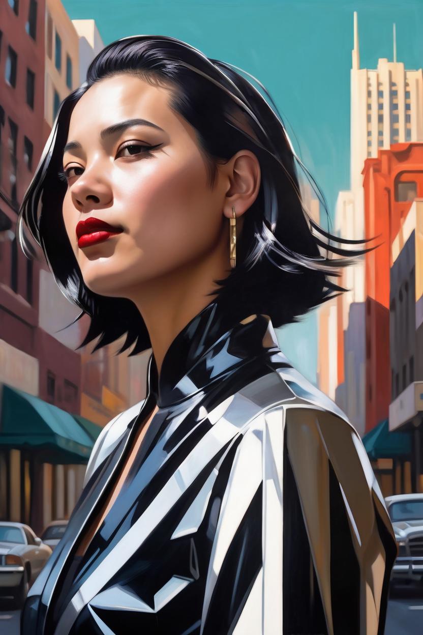 Artificial Intelligence (AI) generated image art, woman, shiny haircut, (leave space above head), dramatic light, art deco city background, high contrast, sharp, painted by stanley artgerm lau, painted by patrick nagel