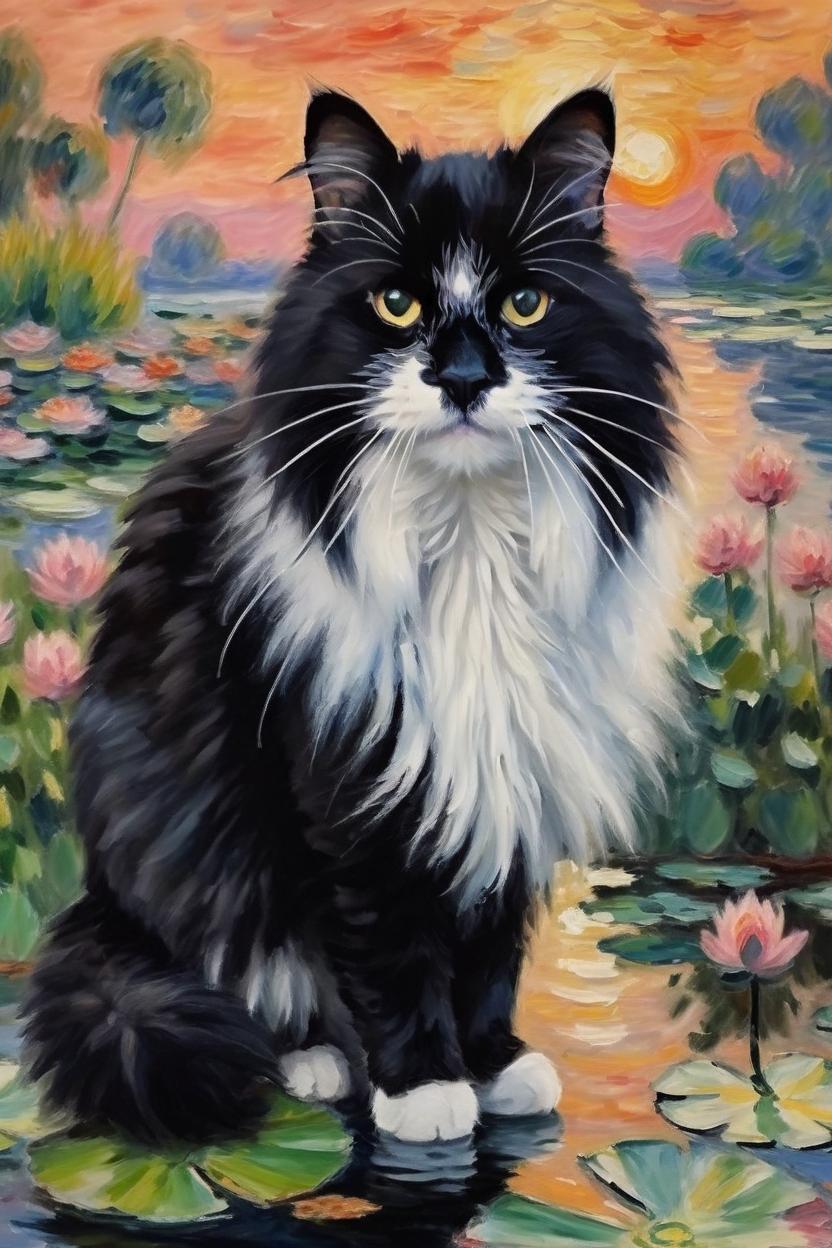 Artificial Intelligence (AI) generated image art, cute happy cat the cat, is black and white longhair cat,(portrait), (landscape mode), ((painting by claude monet)), flowers, sunset in background, looking in camera, standing beside waterlily pond, Claude Monet style, cute