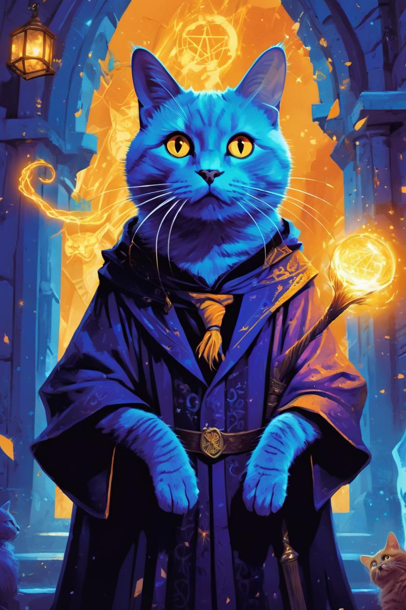 Artificial Intelligence (AI) generated image art, cat as a wizard, fantasy art, Harry Potter, medium shot, asymmetrical, intricate, elegant, illustration, by rhads, by greg rutkowski, by greg tocchini, by james gilleard, by joe fenton purple blue light with orange yellow glow Hogwarts wizard orange cat