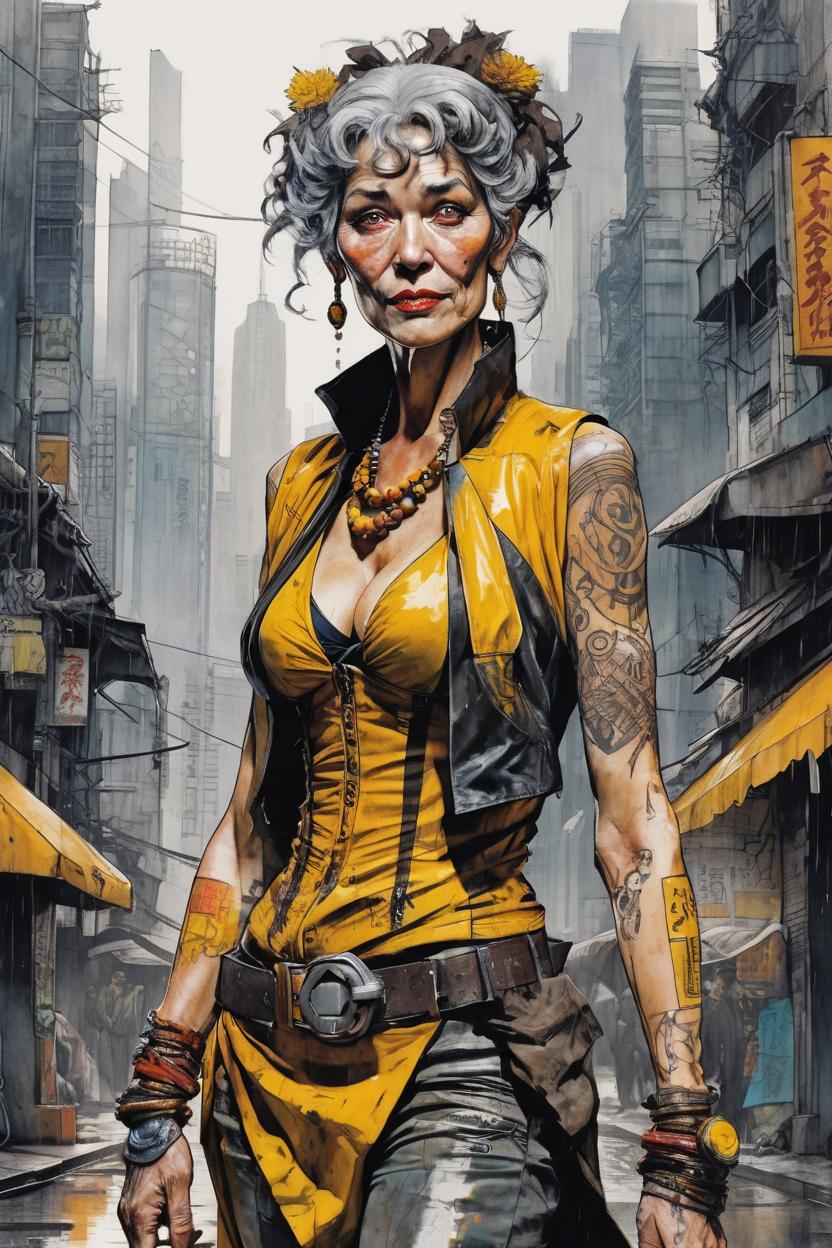 Artificial Intelligence (AI) generated image art, An edgy, modernist full body view of gray-haired woman, ((leave small empty area upon top of the head)), a cyberpunk rebel dressed in brown and yellow in the strange-looking dark and rainy streets of a futuristic-grotesque metropolis with hints of Blade Runner, in the graphic style of Yoji Shinkawa, accurate and detailed coloured line-drawing with watercolour, high-tech tattoos glowing against a backdrop of futuristic skyscrapers, rebellious spirit