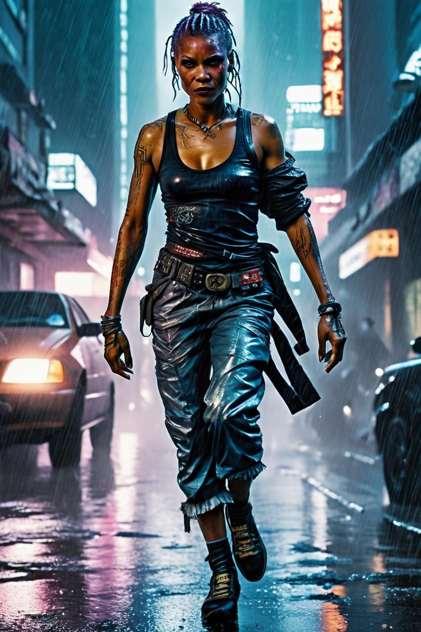 Artificial Intelligence (AI) generated image art, Dynamicly moving fullbody view of woman, a cyberpunk rebel (((leave small empty area above top of the head))) dynamicly stooping cautiously and carefully through the rain-soaked streets of a neon-lit metropolis, evocative of Blade Runner, with nods to the graphic styles of Frank Miller and Jean Giraud (Moebius), rendered in hyperrealistic detail with a noir palette, high-tech tattoos glow against a backdrop of futuristic skyscrapers, rebellious spirit.