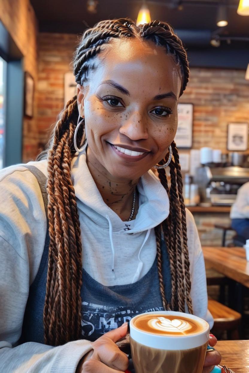 Artificial Intelligence (AI) generated image art, woman, vdigital painting, hard brush stroke, African American woman with long braids, drinking steamy latte in dimly lit coffee shop, wearing casual clothing and jewelry, relaxed pose, cosy, hasselblad, happy, 8k, wlop,