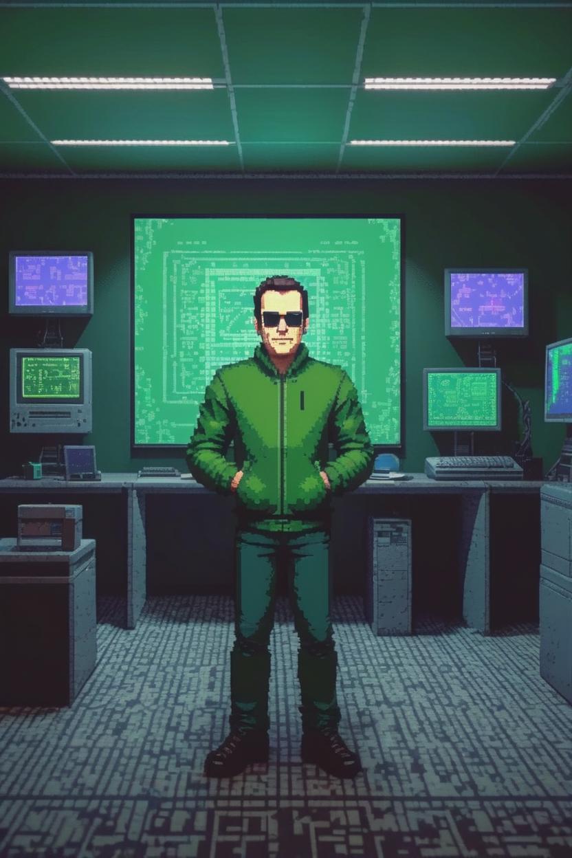 Artificial Intelligence (AI) generated image art, man, (8 bit pixel art), hacker, in a green hightech computer room, pixel art, digitally enhanced, retro video game pixel graphics, mr robot, cyberpunk, for professional usage