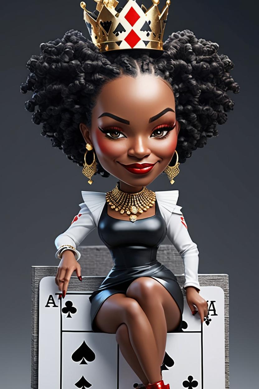 Artificial Intelligence (AI) generated image art, woman, Create a (full body long shot) (3D realistic illustration) of an authoritative African American queen (emerging from a queen of spades playing card.)She's depicted in a direct front view, highlighting her regal demeanor. Her skin is café au lait, and curly hair frames a serene, expressionless face. She sports vivid red shoes and black lacquered nails. The environment around her is strewn with decks of playing cards, shimmering diamonds, and gleaming gold coins. She wears a detailed gold crown with spade motifs, enhancing her royal status. The lighting focuses on her, using soft, dramatic beams to create a vivid outline that emphasizes her stature and the textures of her attire.