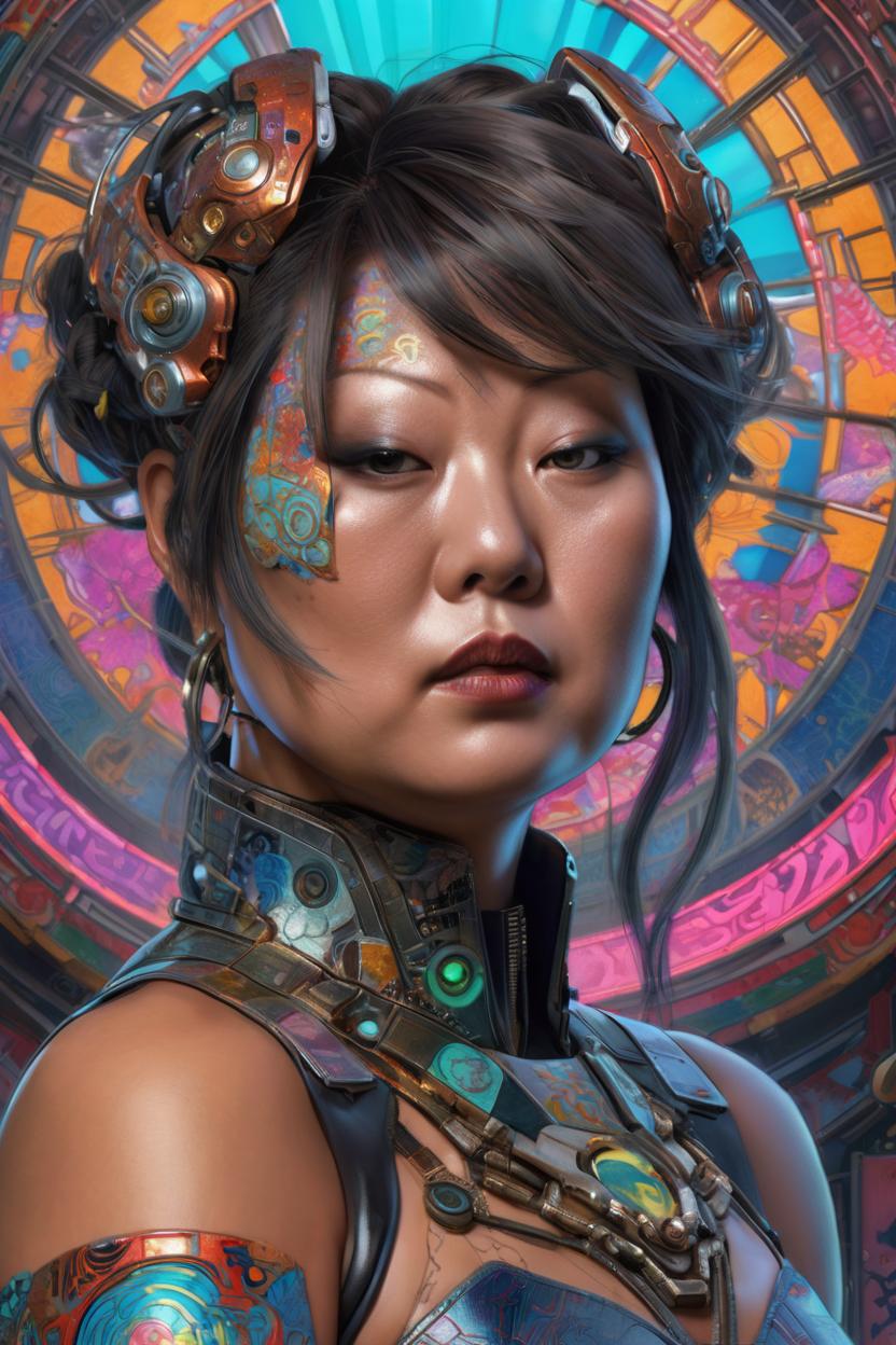 Artificial Intelligence (AI) generated image art, woman, fullbody representation ((small empty area above head)) of extremely psychedelic cyborg queen of lsd. intricate, elegant, highly detailed, extremely lifelike photorealistic digital painting, artstation. steichen, gaston bussiere, tom bagshaw, cyberpunk alphonse mucha. dark pallet, melancholy. anatomically correct in every way, sultry, sharp focus, soft light,