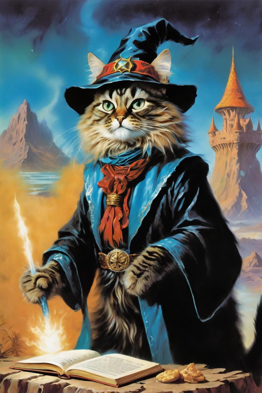 Artificial Intelligence (AI) generated image art, (classic fantasy pulp book cover art), (cat) as fantasy wizard cat, illustration, art by Boris Vallejo, 80s fantasy art, portrait, landscape