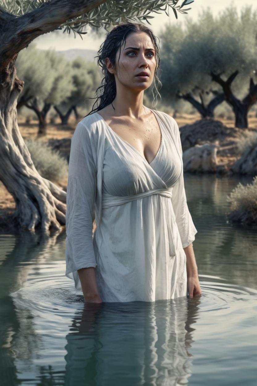 Artificial Intelligence (AI) generated image art, woman as naiad ((small empty area above the head)), ((half body view)), She is dressed in a wet white sheet and stands up to her hips in the water and gazes lost in thought at the water in a small pond in an olive grove and at the foot of an old olive tree. Concept art, photorealistically smooth.