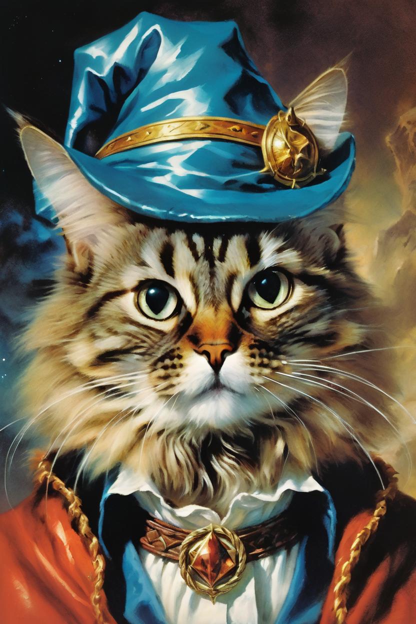 Artificial Intelligence (AI) generated image art, (classic fantasy pulp book cover art), (cat) as fantasy wizard cat, illustration, art by Boris Vallejo, 80s fantasy art, portrait, landscape