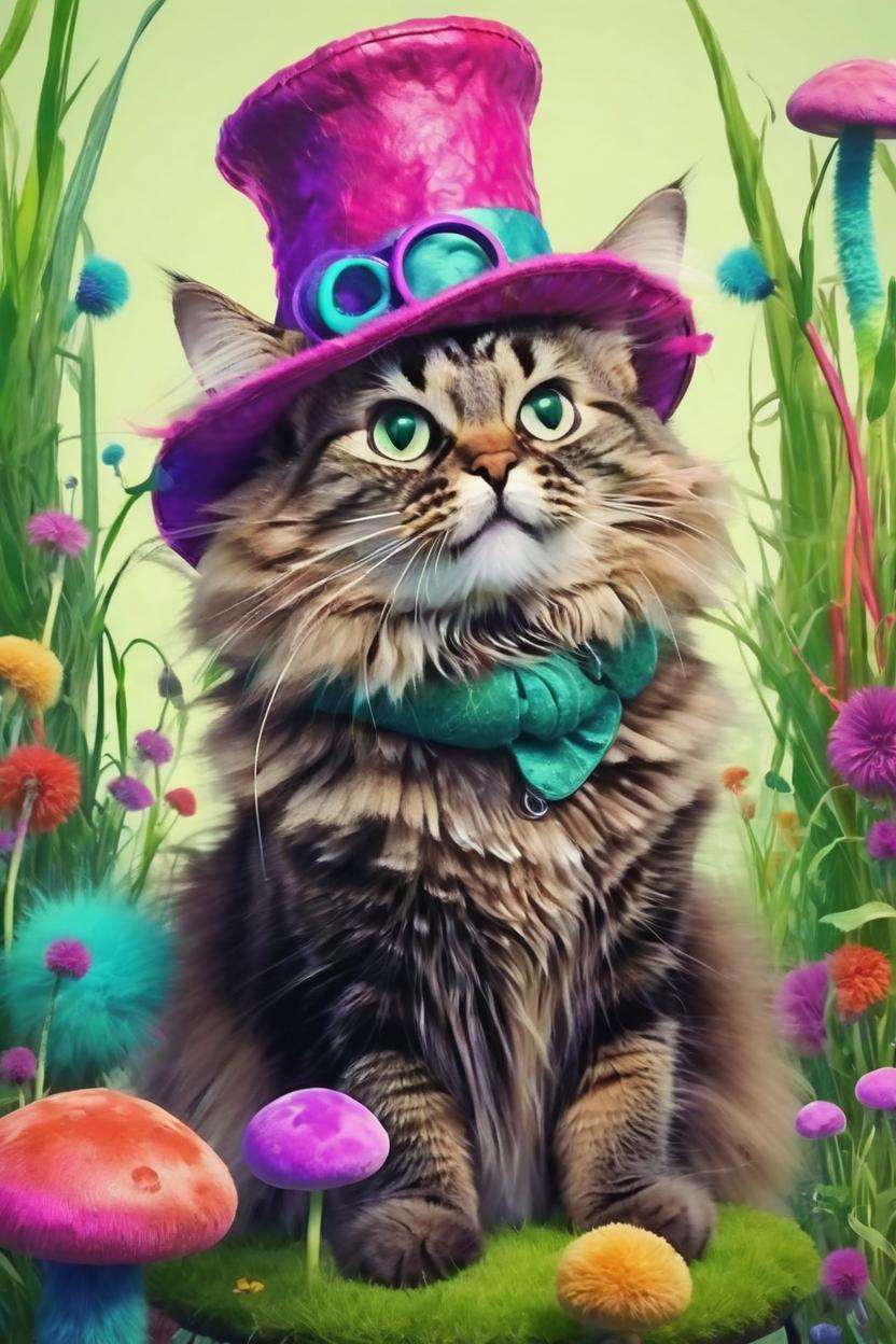 Artificial Intelligence (AI) generated image art, cat, as the Cheshire Catnfull body shot, vector illustration of a techno wonderland, very colorful, wearing mad hatter's hat and big green yellow eyes, fluffy body with tints of purple and pink in her fur sitting on a giant neon mushroom while having tea and talking to the flowers and the green and blue hookah smoking caterpillar puffs purple smoke out in circle form, she is laughing delightedly while behind her the red queen peeks about from behind the giant grass stalks, were all mad here, colorful, wacky, wonderland