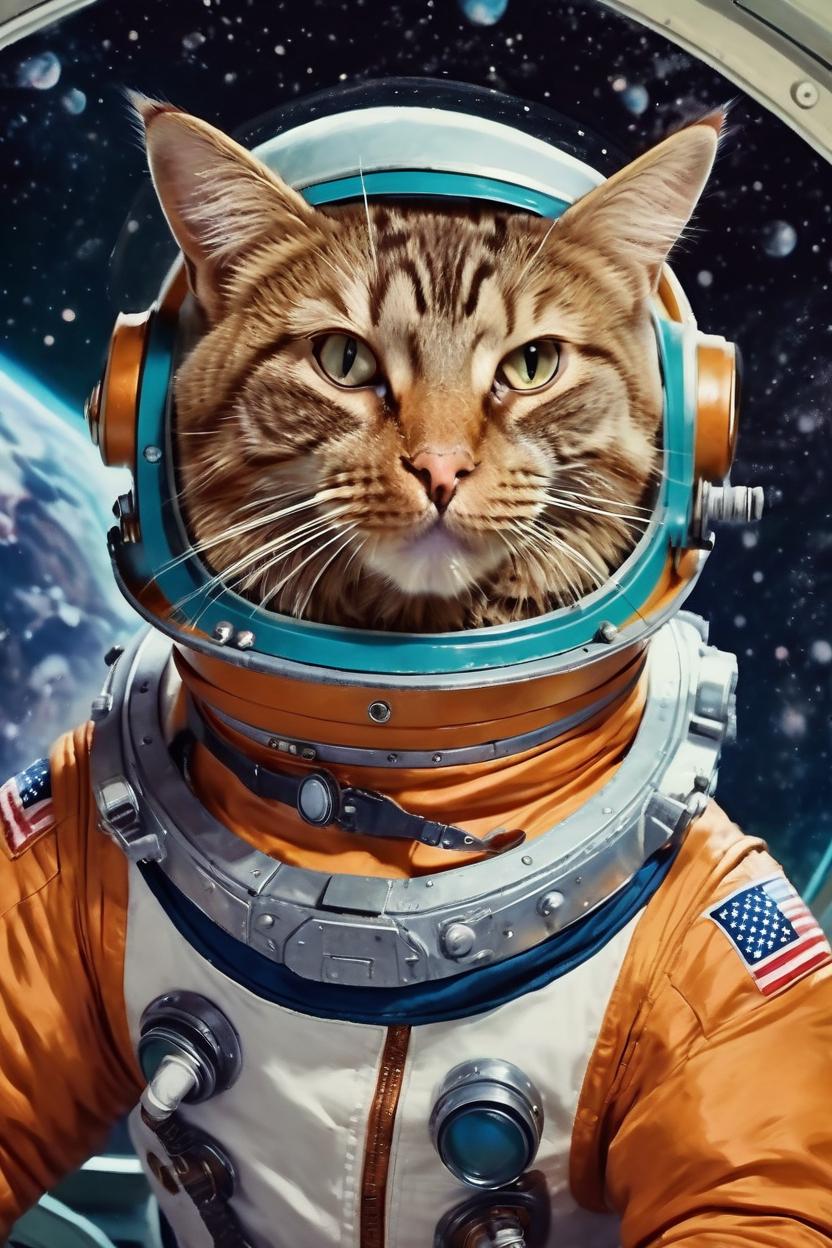 Artificial Intelligence (AI) generated image art, cat, realistic, dressed in space suit, 1950's science fiction style, in a space ship, navigating