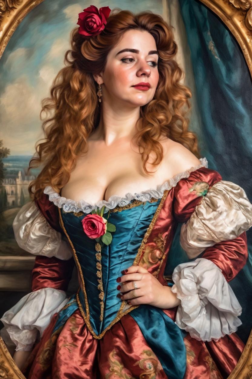 Artificial Intelligence (AI) generated image art, Beautiful woman woman, baroque style portrait (keep small empty area above top of the head), oil painting, romantic wearing Versailles style clothing and hair, full body, large bust, very low neckline, featuring a rose.