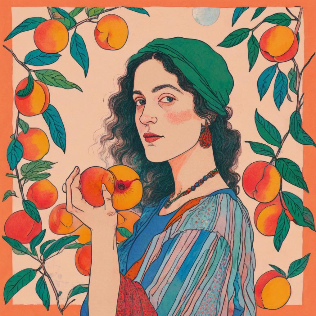 Artificial Intelligence (AI) generated image art, woman, illustration by Rutu Modan, artwork, postcard, peaches, vibrant colors