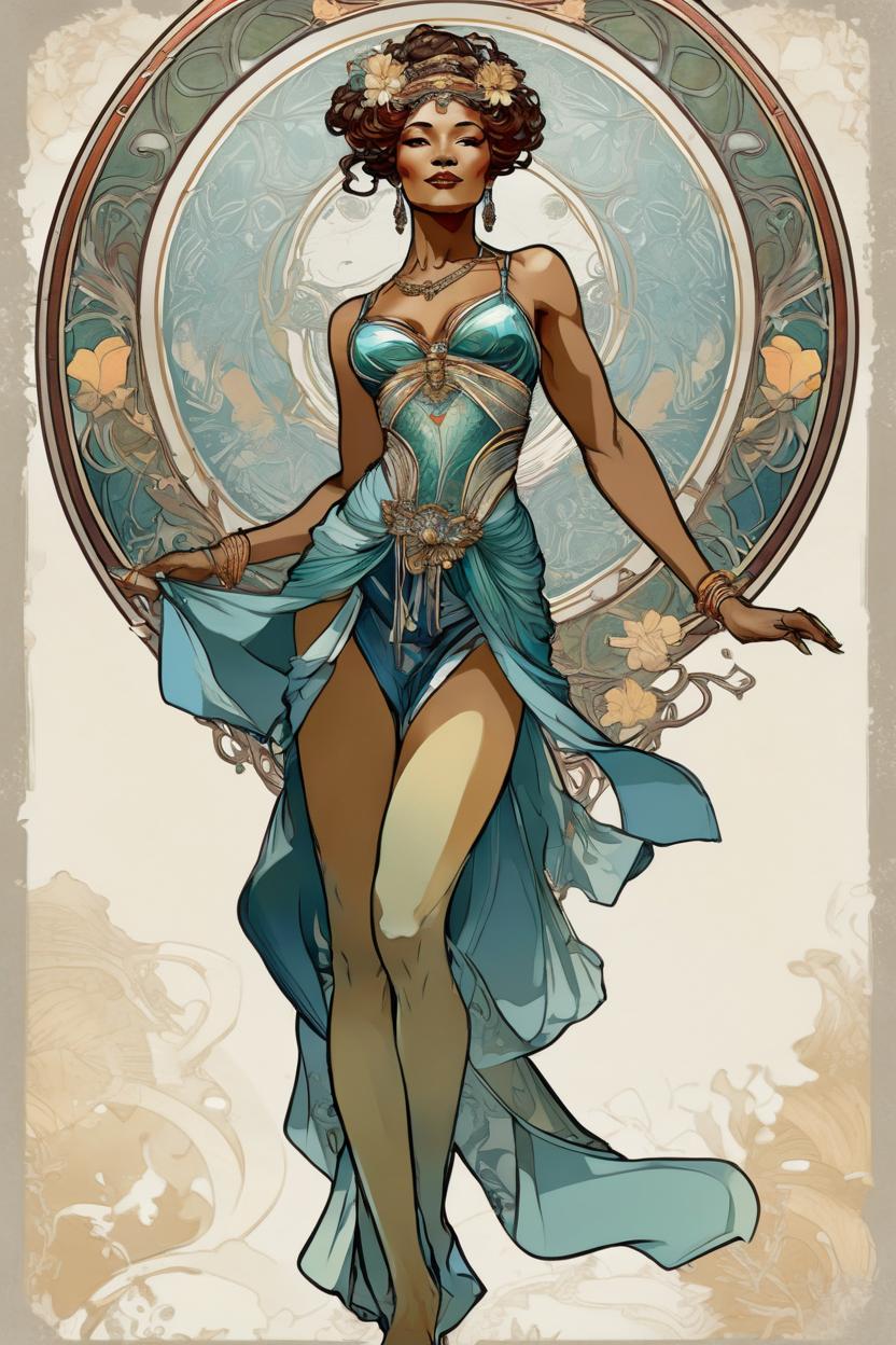 Artificial Intelligence (AI) generated image art, handsome fullbody illustration of beautiful art nouveau goddess woman, ((small empty area above head)), 2d colored vector artstyle, frontal elegant position, total view, full body, by alphonse mucha, by yoji shinkawa